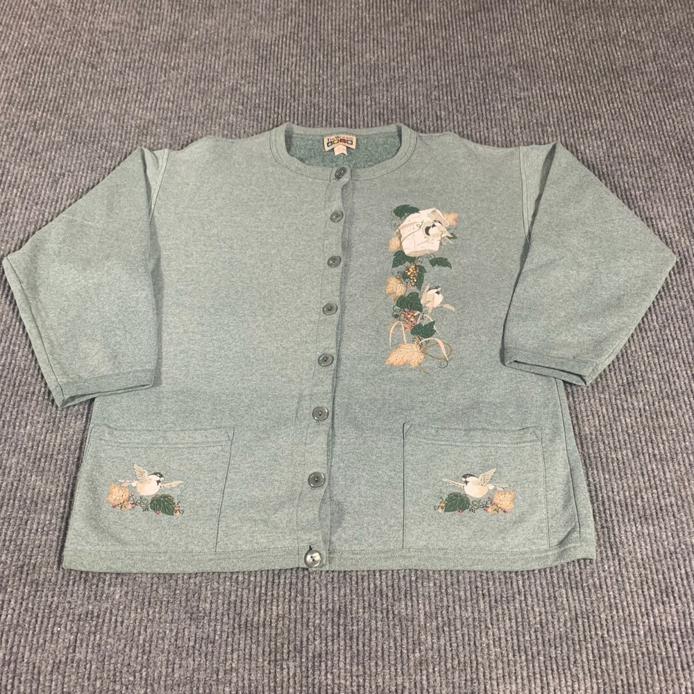 VTG The Woods Sweater Womens Large Green Cardigan Pockets Nature Birds Retro 90s